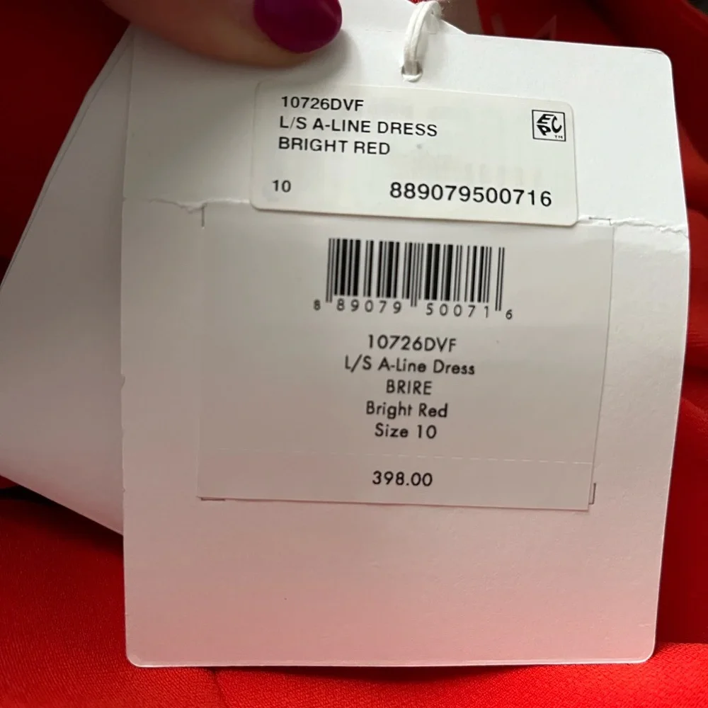 NWT DVF L/S A-line dress. BRIRE wrap style bright red - Picture 13 of 16